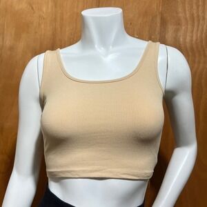 Women's Ribbed Crop Tank Top Beige Sleeveless Size M